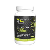 RS Labs Superfoods Immune Energizer bottle Superfoods Immune Energizer black label bottle with organic greens, fruit and organic adaptogenic mushroom blend to energize your immune system with a lime green planetary logo