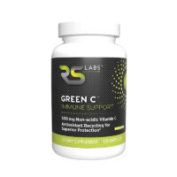 Green C Immune Support bottle RS Labs Green C Immune Support Formula black label bottle to recycle vitamin C for greater availability for immune support and free radical scavenging with 120 capsules and yellow-green planetary logo