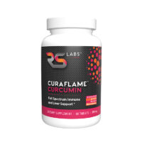 RS Labs CuraFlame Curcumin bottle Curaflame Curcumin black label bottle provides both standardized and full spectrum curcumin to support the immune system, inflammatory balance following normal exercise, and liver health